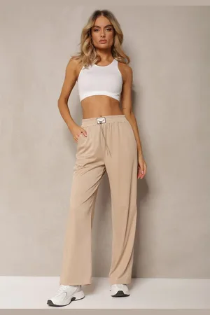 Renee Beżowe Spodnie High Waist o Luźnym Fasonie z Łańcuszkiem przy Pasie Ustar
