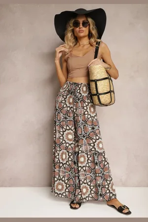 Renee Brązowe Spodnie Typu Palazzo z Wiskozy High Waist z Gumką w Pasie Bistalia