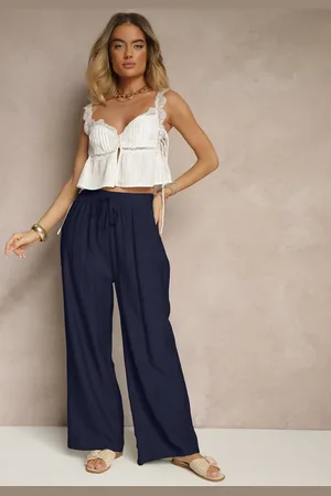 Renee Granatowe Szerokie Spodnie High Waist z Wiskozy z Gumką w Talii Lannalie