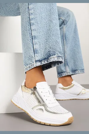 Renee Białe Skórzane Sneakersy z Ozdobną Perforacją i Suwakiem Amiriella