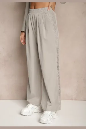 Renee Jasnoszare Szerokie Spodnie z Bawełną High Waist Ozdobione Koronką Efandiela