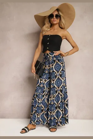 Renee Czarno-Granatowe Spodnie Szerokie z Wiskozy w Ornamentalny Wzór High Waist Cramelia