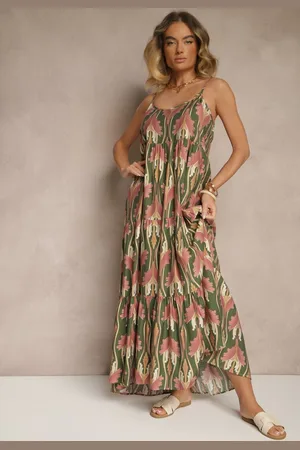 Renee Zielono-Różowa Sukienka w Stylu Boho z Cienkimi Regulowanymi Ramiączkami Tosena