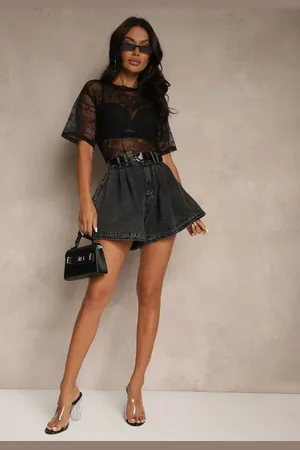 Renee Czarne Szorty z Bawełny High Waist Ozdobione Paskiem Saromine