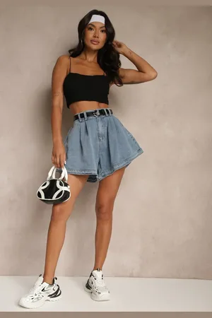 Renee Niebieskie Szorty z Bawełny High Waist Ozdobione Paskiem Saromine