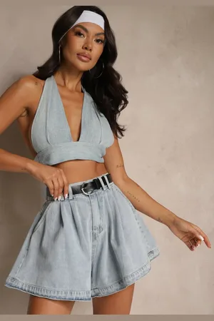 Renee Jasnoniebieskie Szorty z Bawełny High Waist Ozdobione Paskiem Saromine