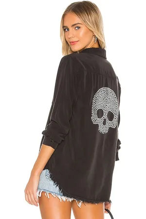 LAUREN MOSHI Sloane Nailhead Skull Button Up Denim Shirt