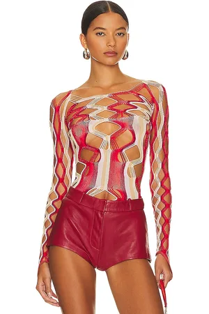 Poster Girl Marina Top Shapewear Fishnet Boat Neck Top Red Burgundy & Pink
