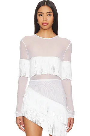 Norma Kamali Long Sleeve Crewneck Fringe Top