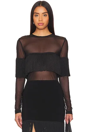 Norma Kamali Long Sleeve Crewneck Fringe Top
