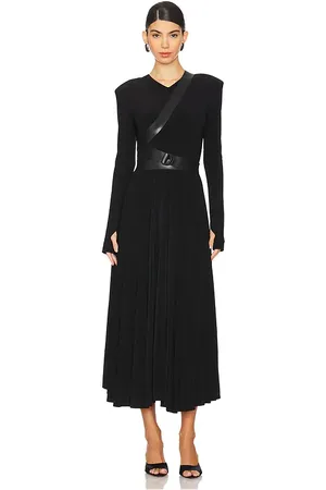 Norma Kamali Long Sleeve Shoulder Pad V Neck Flared Dress