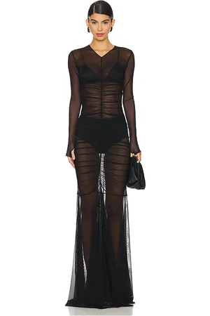 Norma Kamali Long Sleeve V Neck Shirred Front Fishtail Gown
