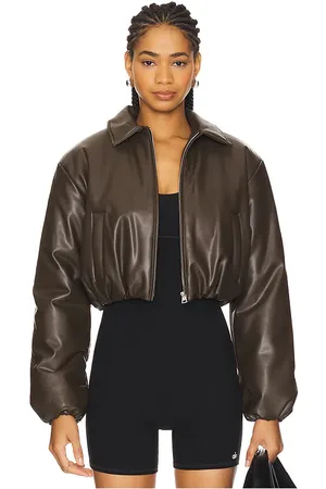 alo Faux Leather Cropped Premier Bomber Jacket