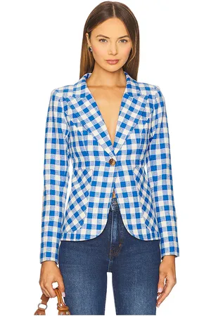 SMYTHE Patch Pocket Duchess Blazer Marine Check W/ Whiskey Leather Patches