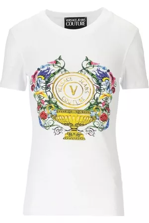 VERSACE Kobieta T-shirty z Krótkimi Rękawami - V-Emblem Garden White T-Shirt , female