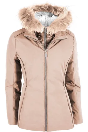 YES ZEE BY ESSENZA Kurtki, Kobieta, Beżowy, 2XL, Beżowa Kurtka Puchowa dla Kobiet z Kapturem z Futrem