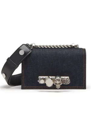 Alexander McQueen Torebki, Kobieta, Niebieski, ONE SIZE, Denim, Denimowa Mini Torba z Kamieniami i Uchwytem na Cztery Pierścienie