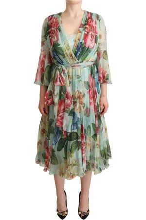 Dolce & Gabbana Sukienki, Kobieta, Zielony, S, Nylon, Zielona Sukienka Midi z Kwiatowym Wzorem
