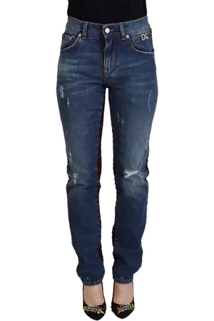 Dolce & Gabbana Jeansy, Kobieta, Niebieski, XS, Niebieskie spodnie dżinsowe z kratką na tyle