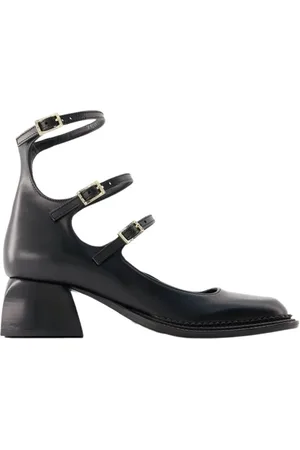 NODALETO Buty, Kobieta, Czarny, 35 EU, Czarne Skórzane Czółenka z Podwójnym Paskiem