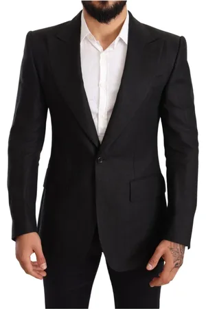 Dolce & Gabbana Garnitury, Mężczyzna, Czarny, M, Bawełna, Czarny lniany wąski płaszcz marynarka