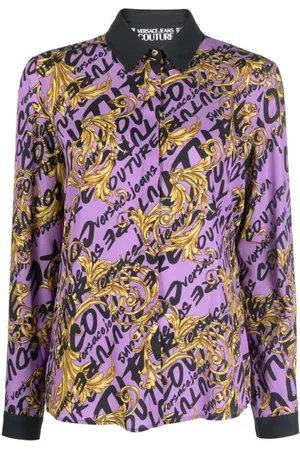 VERSACE Bluzki, Kobieta, Fioletowy, S, Lilla Logo Brush Couture All Over Koszula - Rozmiar 42