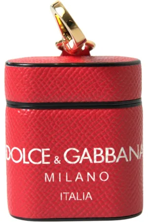 Dolce & Gabbana Akcesoria, Kobieta, Czerwony, ONE SIZE, Czerwona skórzana obudowa Airpods z logo złoconym na metalu
