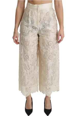 Dolce & Gabbana Spodnie, Kobieta, Beżowy, M, Kremowa Koronkowa Wysoka Talia Spodnie Palazzo