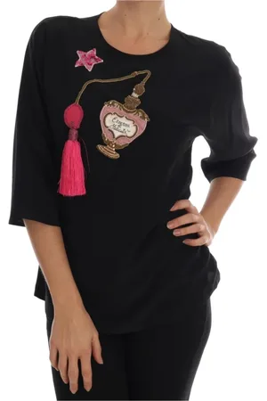 Dolce & Gabbana Koszulki, Kobieta, Czarny, XS, Elegancka Jedwabna Bluzka z Kryształami