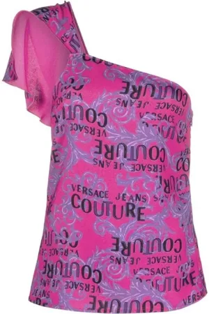 VERSACE Bluzki, Kobieta, Fioletowy, S, Poliester, Fuchsia Logo Couture Top - Rozmiar 42