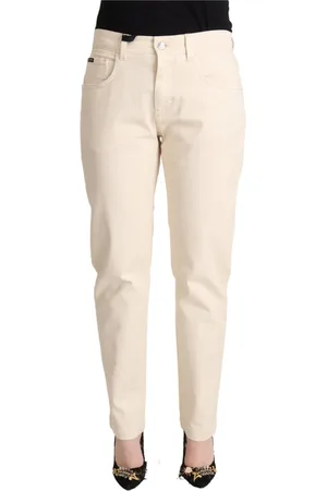 Dolce & Gabbana Jeansy, Kobieta, Biały, S, Białe Średnio Wysokie Dopasowane Jeansyy z Logo Plaque