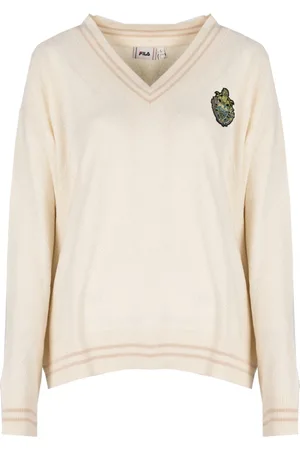 Fila Swetry, Kobieta, Beżowy, XL, Luźny Sweter z Dekoltem w Serek