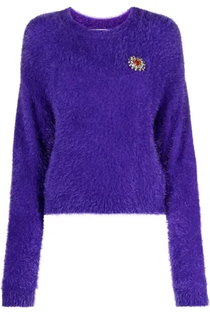 Moschino Swetry, Kobieta, Fioletowy, S, Kwiatowy Sweter z Efektem Szczotkowanym
