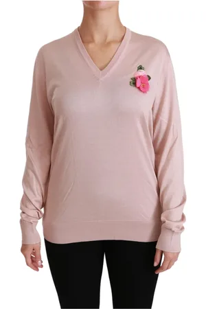 Dolce & Gabbana Bluzy, Kobieta, Różowy, M, Jedwabny Sweter z Kwiatowymi Dodatkami