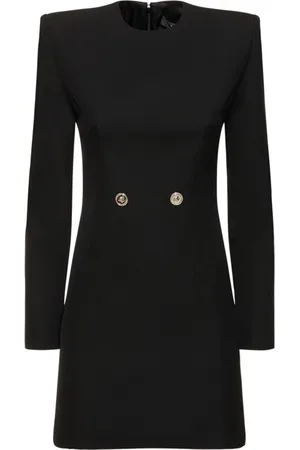 VERSACE Sukienki, Kobieta, Czarny, S, Czarna Sukienka z Wełny z Maxi Poduszkami na Ramionach