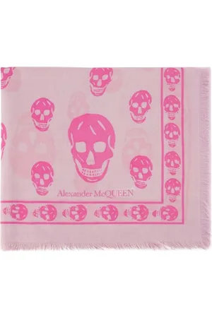 Alexander McQueen Akcesoria, Kobieta, Wielobarwność, ONE SIZE, Różowy Wełniany Szal z Wzorem Czaszki
