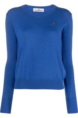 Vivienne Westwood Swetry, Kobieta, Niebieski, L, Kaszmir, Niebieski Sweter z Haftowanym Orłem