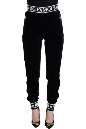 Dolce & Gabbana Spodnie, Kobieta, Czarny, XS, Czarne DG Logo Welurowe Spodnie Spodnie