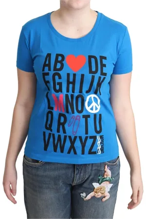 Moschino Koszulki, Kobieta, Niebieski, S, Niebieska Koszulka z Nadrukiem Alfabetu