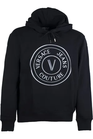 VERSACE Bluzy, Mężczyzna, Czarny, L, Czarna bluza z kapturem z emblematem V