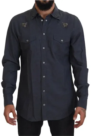 Dolce & Gabbana Koszule, Mężczyzna, Niebieski, XL, Denim, Niebieska Koszula z Denimu z Kryształowym Motywem Pszczoły