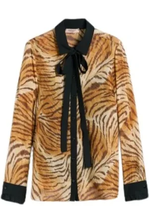 Twin-Set Bluzki, Kobieta, brązowy, L, Zwierzęcy Print Chiffon i Jedwabna Koszula