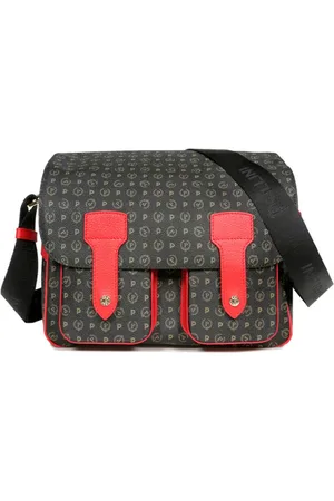 Pollini Torebki, Kobieta, Czarny, ONE SIZE, Nylon, Duża Czarna Torba Messenger na Ramię z Wzorem Heritage i Czerwonymi Wstawkami