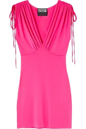 VERSACE Sukienki, Kobieta, Różowy, S, Fuchsia Mini Sukienka z Dekoltem w Serek