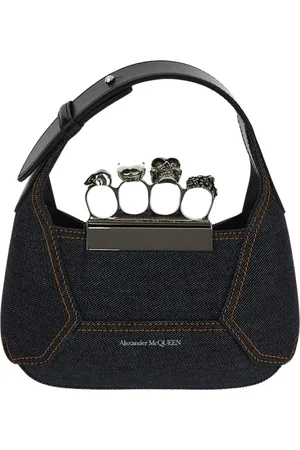 Alexander McQueen Torebki, Kobieta, Czarny, ONE SIZE, Denim, Kryształowo-Zdobiona Mini Hobo z Denimu