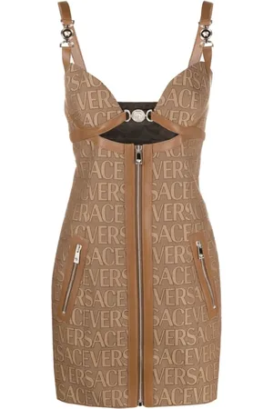 VERSACE Sukienki, Kobieta, Beżowy, S, Sukienka z logo Canvas z skóry