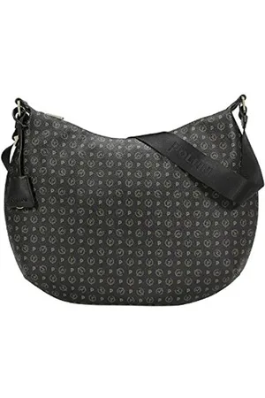 Pollini Torebki, Kobieta, Czarny, ONE SIZE, Nylon, Czarna torba na ramię w kształcie półksiężyca z nadrukiem Heritage i czarnymi wkładkami