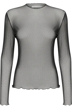 Karen by Simonsen Koszulki, Kobieta, Czarny, 2XL, Poliester, Prosta bluzka z siateczki z długimi rękawami
