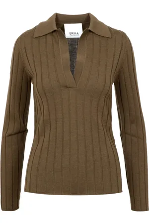ERIKA CAVALLINI Swetry, Kobieta, brązowy, M, Brązowy Polo Shirt z Wełny z Długimi Rękawami
