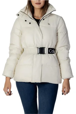 Calvin Klein Kurtki, Kobieta, Beżowy, L, Nylon, Beżowa Kurtka z Paskiem dla Kobiet